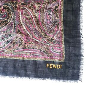 Fendi Vintage 100% Wool Paisley Oversized Shawl Wrap Scarf Black Burgundy Italy
